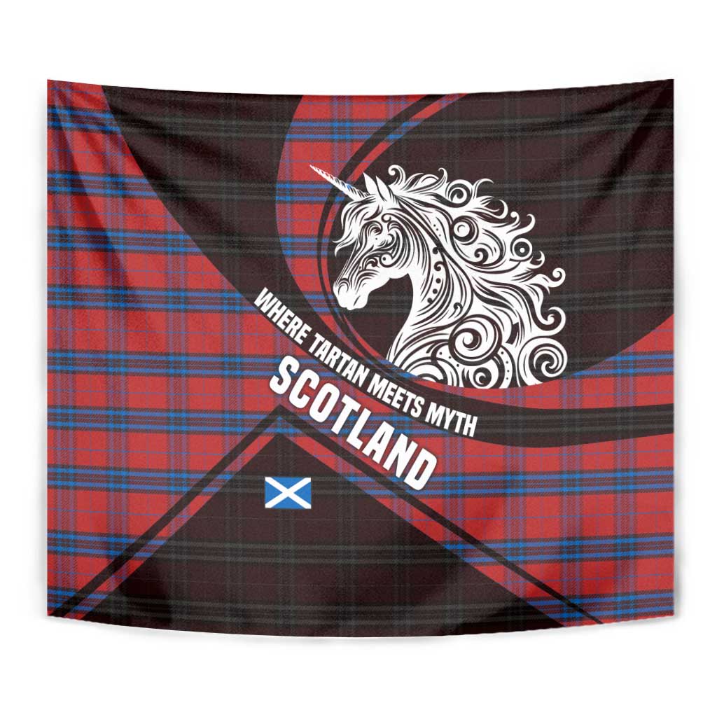 Scotland Tapestry with Red Blue Tartan Pattern with Unicorn Illustration Saltire Flag and Where Tartan Meets Myth Quote Design - Wonder Print Shop