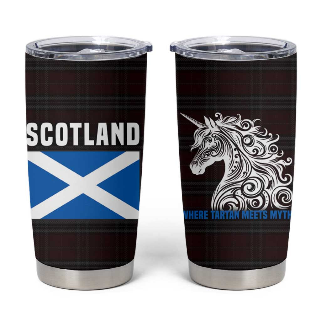 Scotland Tumbler Cup with Red Blue Tartan Pattern with Unicorn Illustration Saltire Flag and Where Tartan Meets Myth Quote Design - Wonder Print Shop