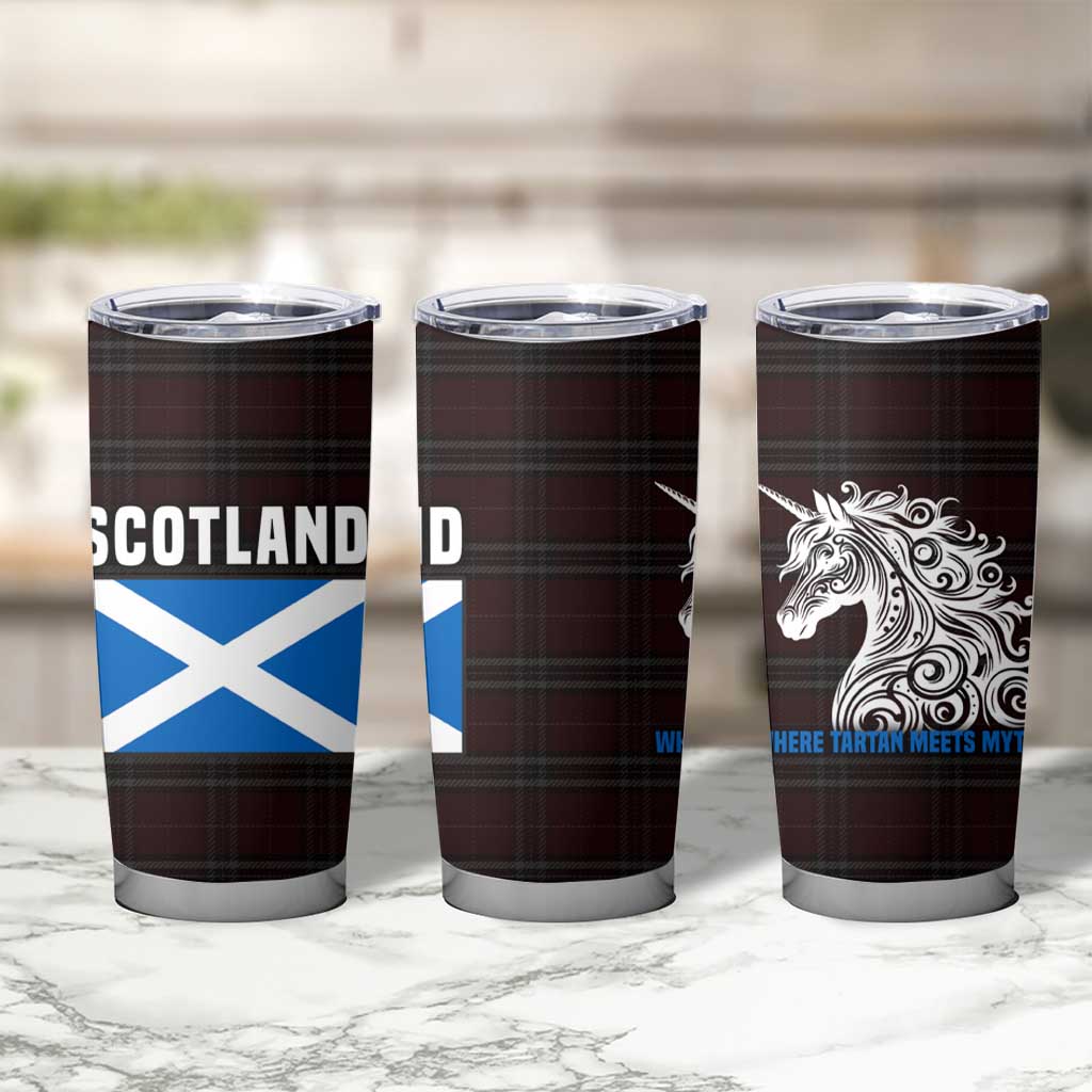Scotland Tumbler Cup with Red Blue Tartan Pattern with Unicorn Illustration Saltire Flag and Where Tartan Meets Myth Quote Design - Wonder Print Shop