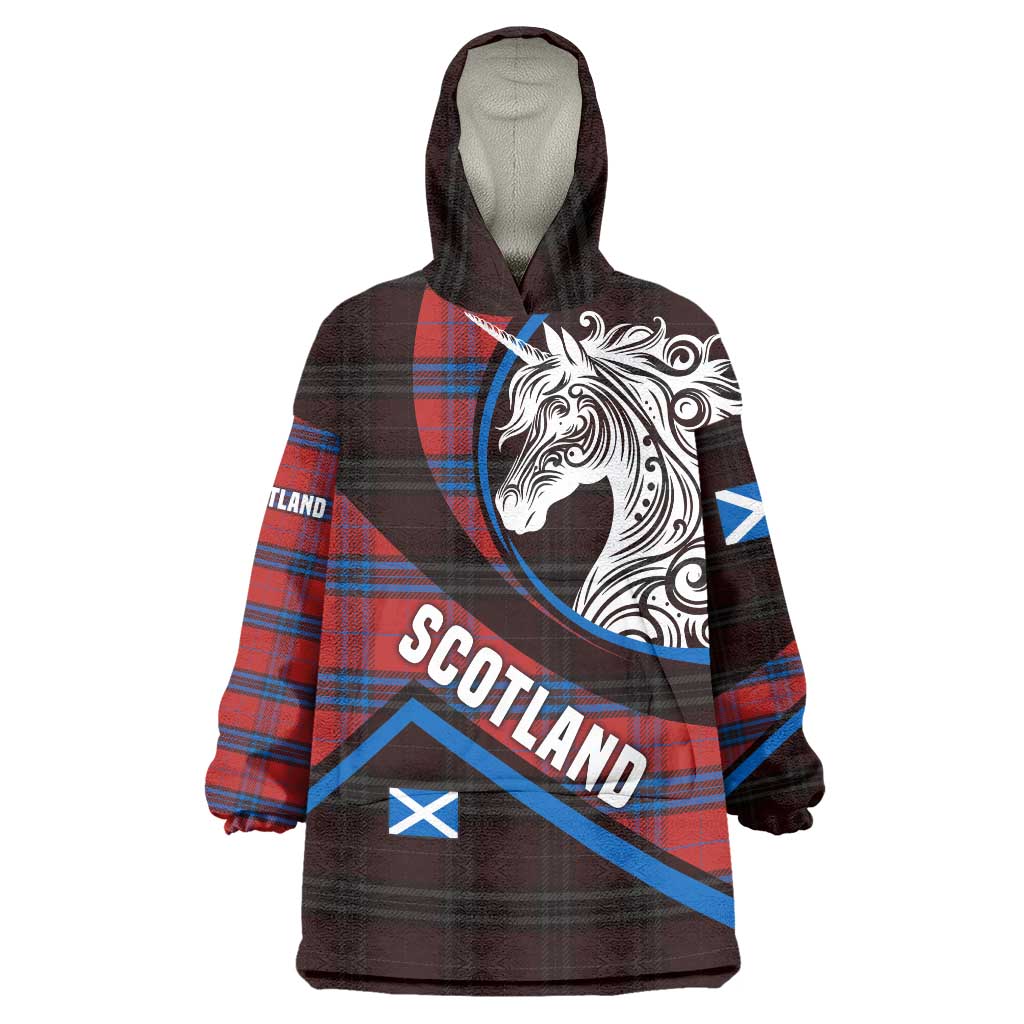 Scotland Wearable Blanket Hoodie with Red Blue Tartan Pattern with Unicorn Illustration Saltire Flag and Where Tartan Meets Myth Quote Design - Wonder Print Shop