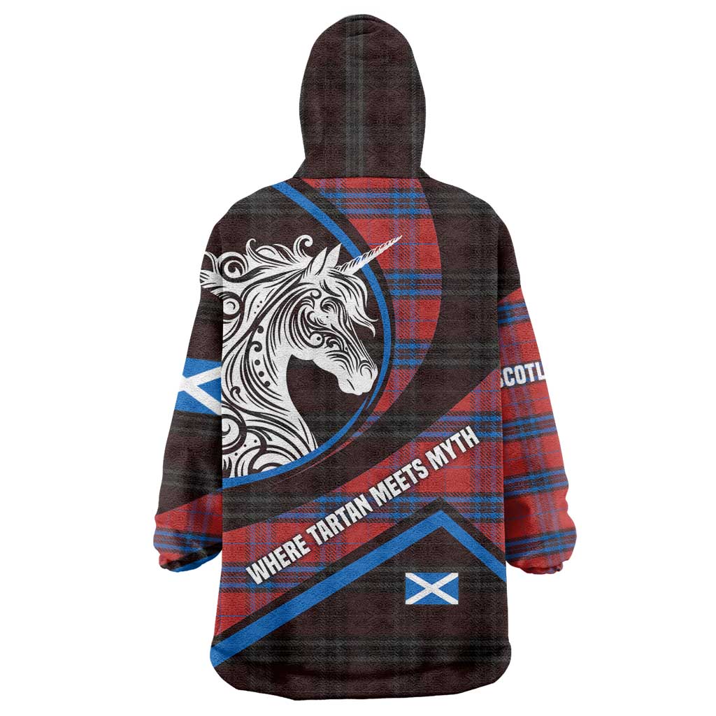 Scotland Wearable Blanket Hoodie with Red Blue Tartan Pattern with Unicorn Illustration Saltire Flag and Where Tartan Meets Myth Quote Design - Wonder Print Shop