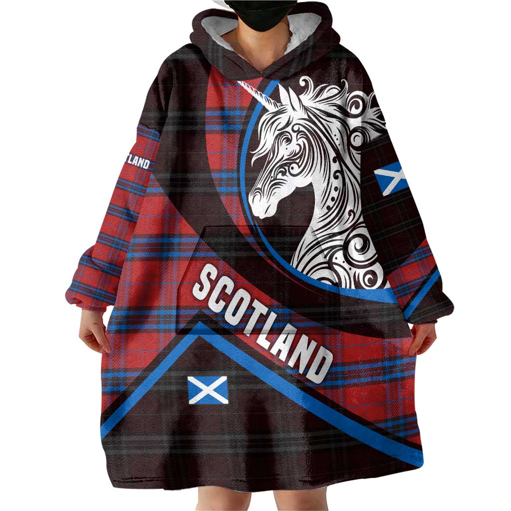 Scotland Wearable Blanket Hoodie with Red Blue Tartan Pattern with Unicorn Illustration Saltire Flag and Where Tartan Meets Myth Quote Design - Wonder Print Shop
