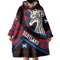 Scotland Wearable Blanket Hoodie with Red Blue Tartan Pattern with Unicorn Illustration Saltire Flag and Where Tartan Meets Myth Quote Design - Wonder Print Shop