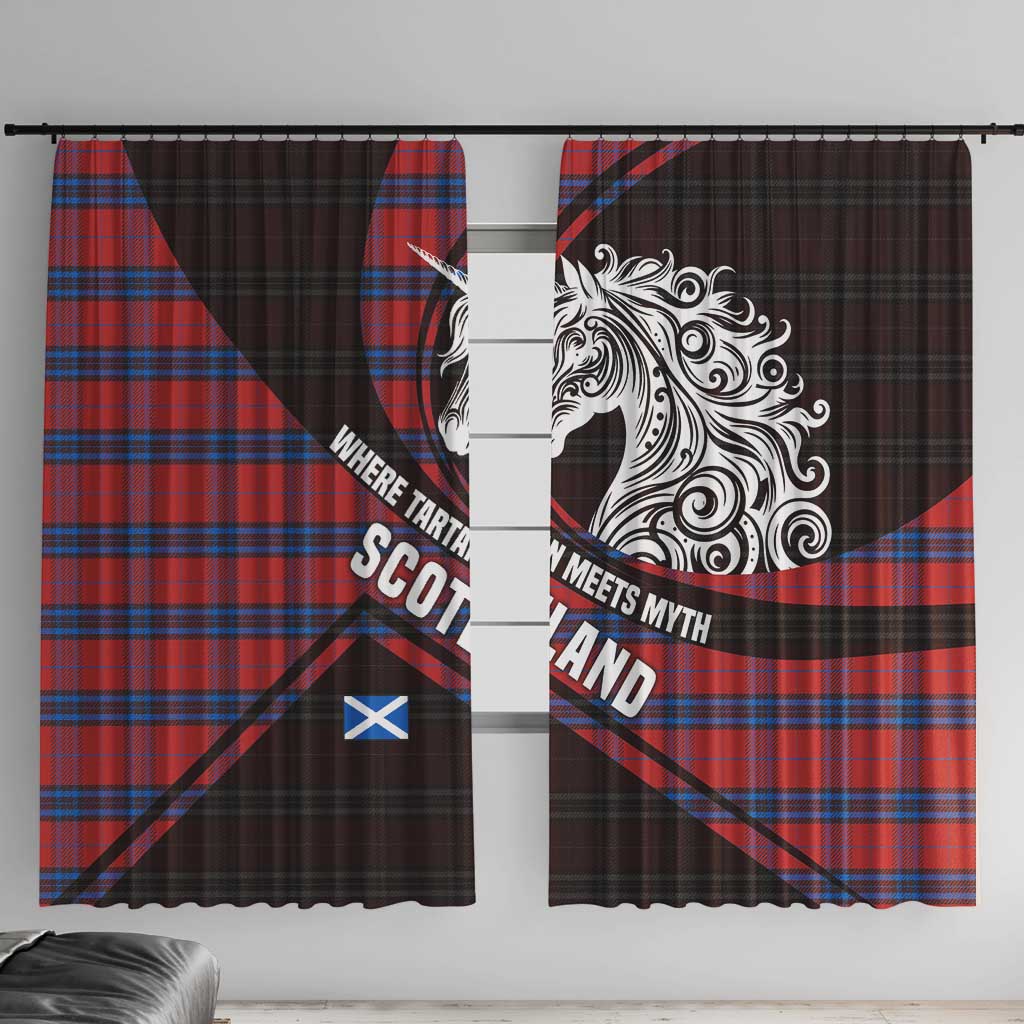Scotland Window Curtain with Red Blue Tartan Pattern with Unicorn Illustration Saltire Flag and Where Tartan Meets Myth Quote Design - Wonder Print Shop