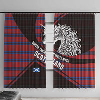 Scotland Window Curtain with Red Blue Tartan Pattern with Unicorn Illustration Saltire Flag and Where Tartan Meets Myth Quote Design - Wonder Print Shop