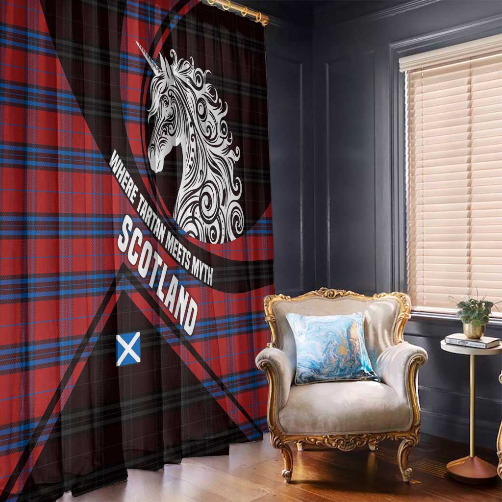 Scotland Window Curtain with Red Blue Tartan Pattern with Unicorn Illustration Saltire Flag and Where Tartan Meets Myth Quote Design - Wonder Print Shop