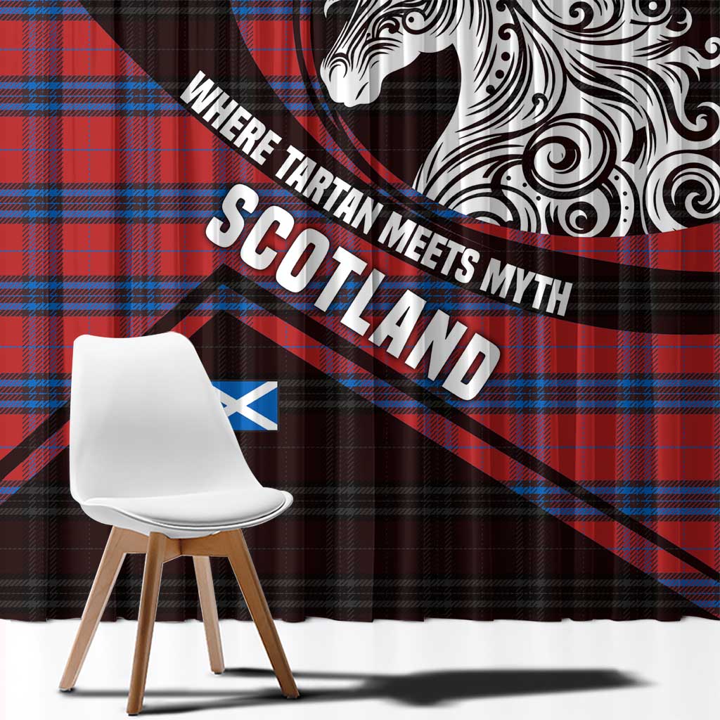 Scotland Window Curtain with Red Blue Tartan Pattern with Unicorn Illustration Saltire Flag and Where Tartan Meets Myth Quote Design - Wonder Print Shop