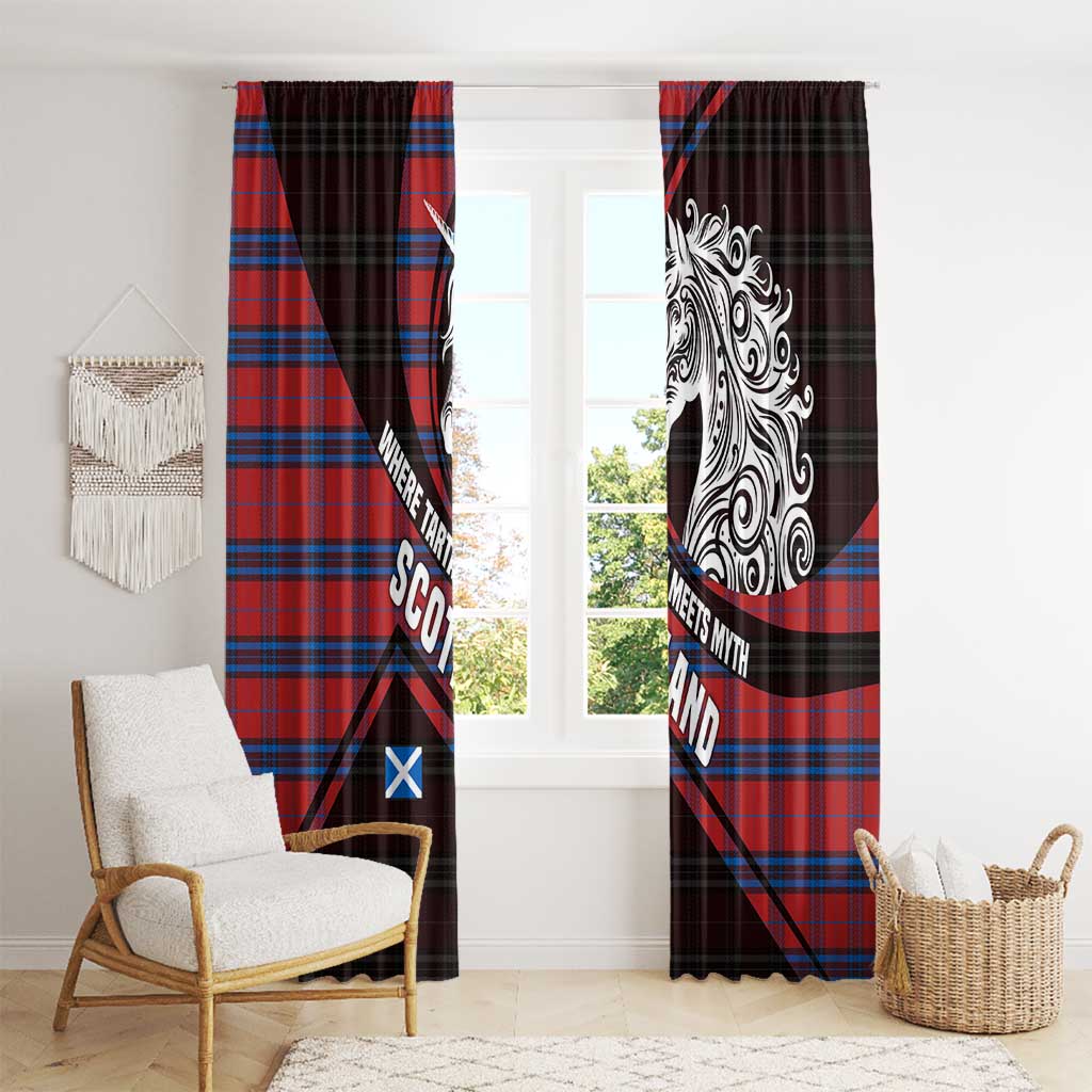 Scotland Window Curtain with Red Blue Tartan Pattern with Unicorn Illustration Saltire Flag and Where Tartan Meets Myth Quote Design - Wonder Print Shop
