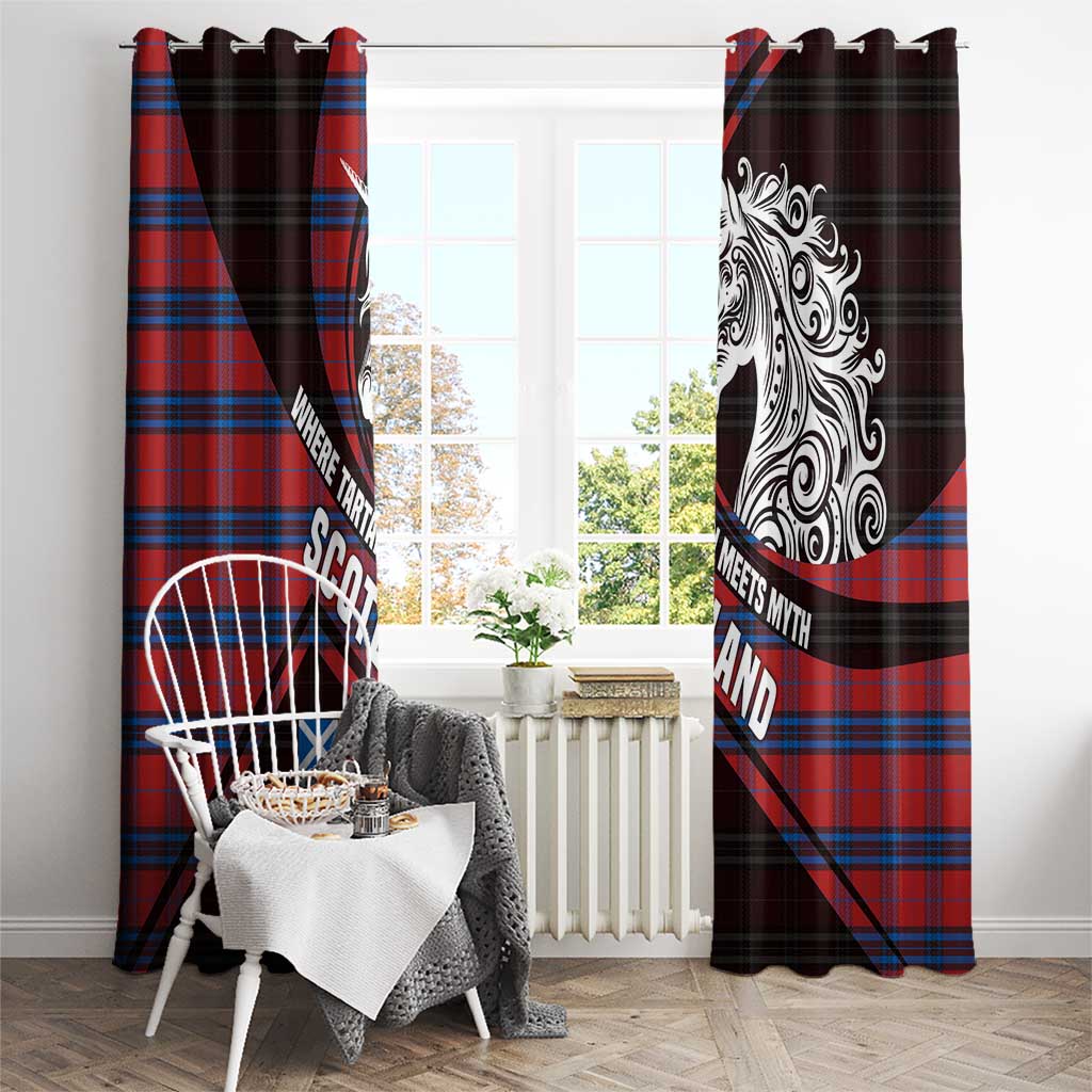 Scotland Window Curtain with Red Blue Tartan Pattern with Unicorn Illustration Saltire Flag and Where Tartan Meets Myth Quote Design - Wonder Print Shop