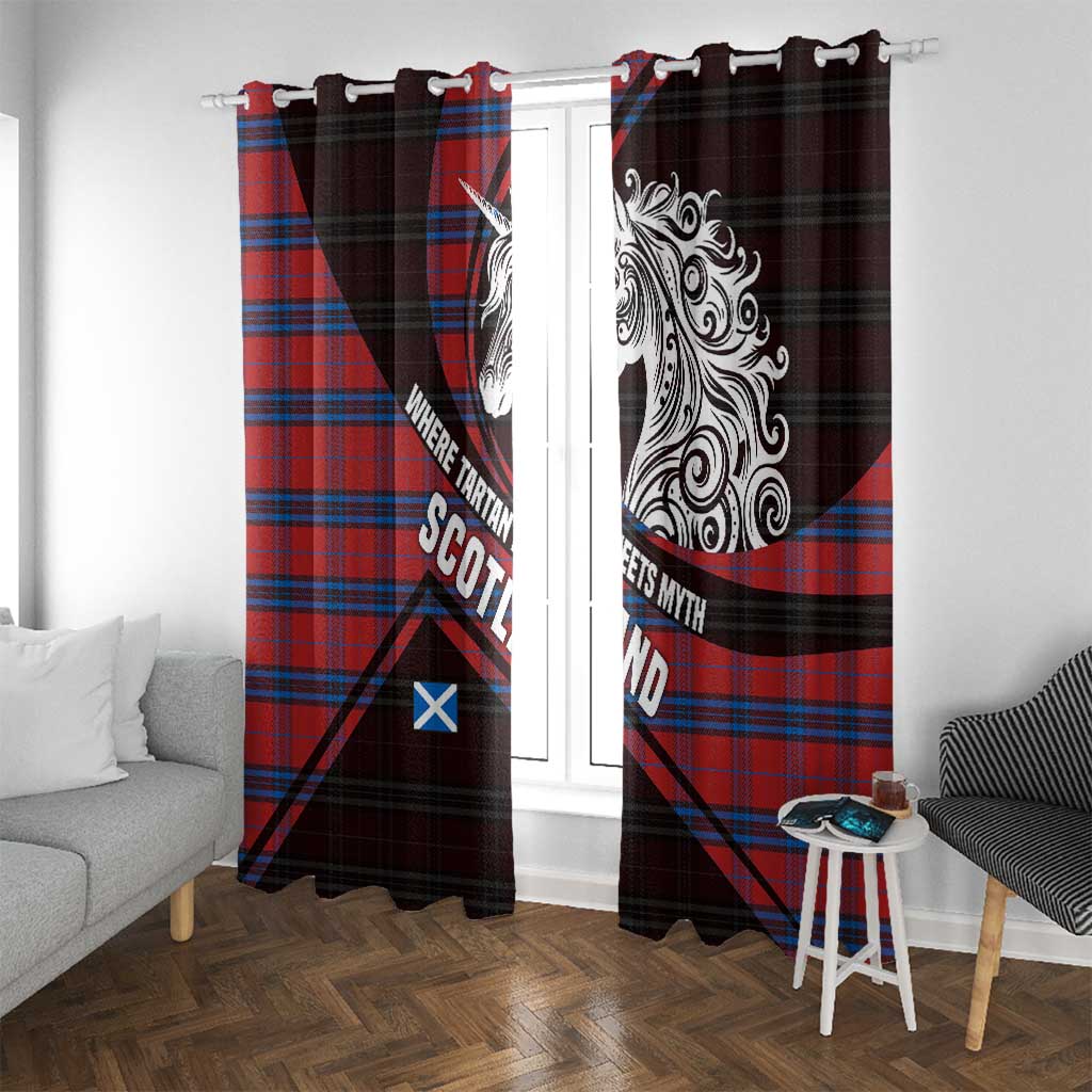 Scotland Window Curtain with Red Blue Tartan Pattern with Unicorn Illustration Saltire Flag and Where Tartan Meets Myth Quote Design - Wonder Print Shop
