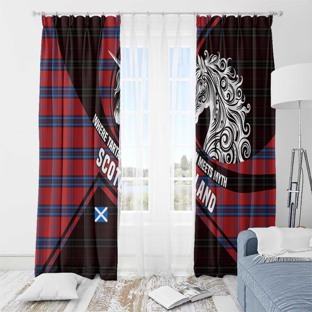 Scotland Window Curtain with Red Blue Tartan Pattern with Unicorn Illustration Saltire Flag and Where Tartan Meets Myth Quote Design - Wonder Print Shop