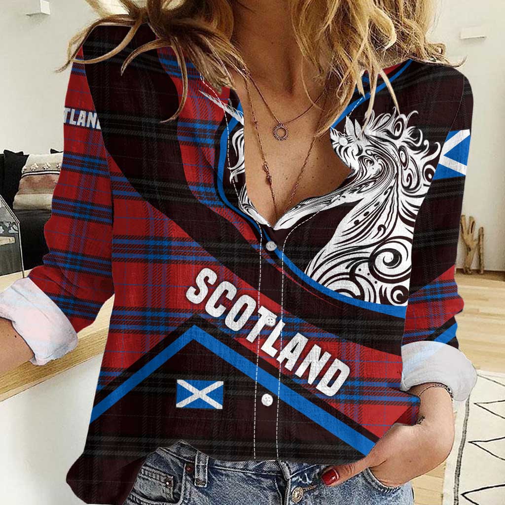 Scotland Women Casual Shirt with Red Blue Tartan Pattern with Unicorn Illustration Saltire Flag and Where Tartan Meets Myth Quote Design - Wonder Print Shop