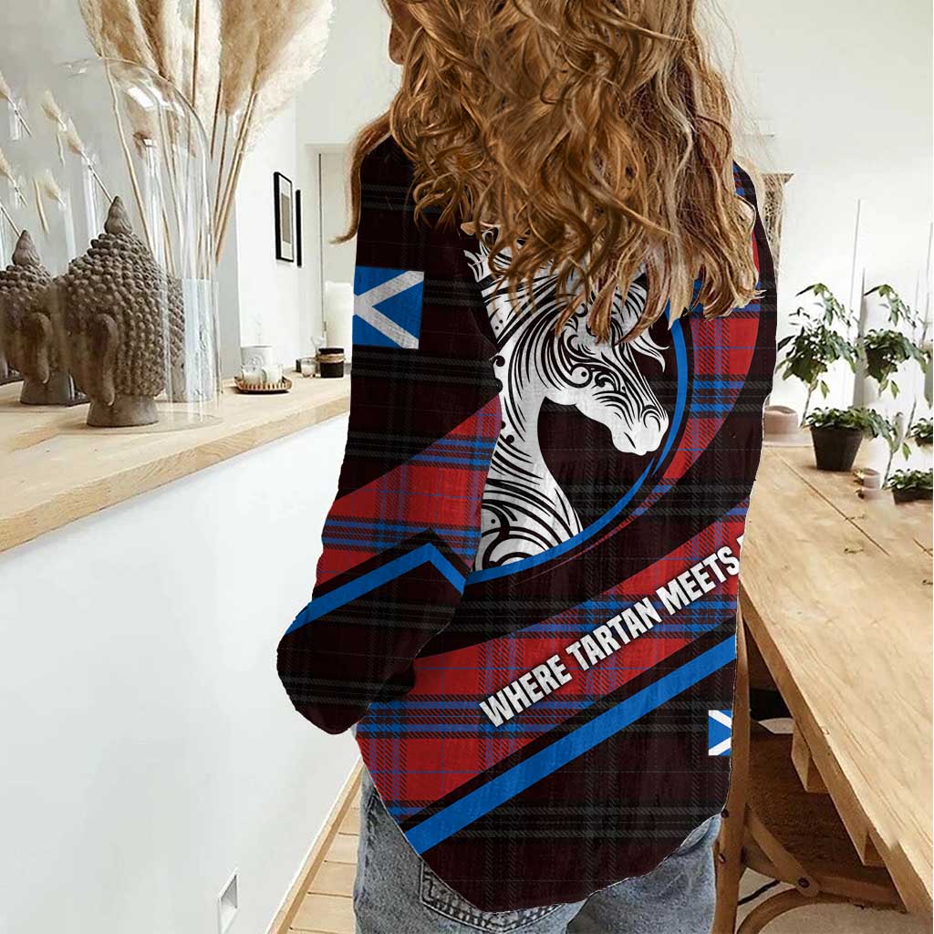 Scotland Women Casual Shirt with Red Blue Tartan Pattern with Unicorn Illustration Saltire Flag and Where Tartan Meets Myth Quote Design - Wonder Print Shop