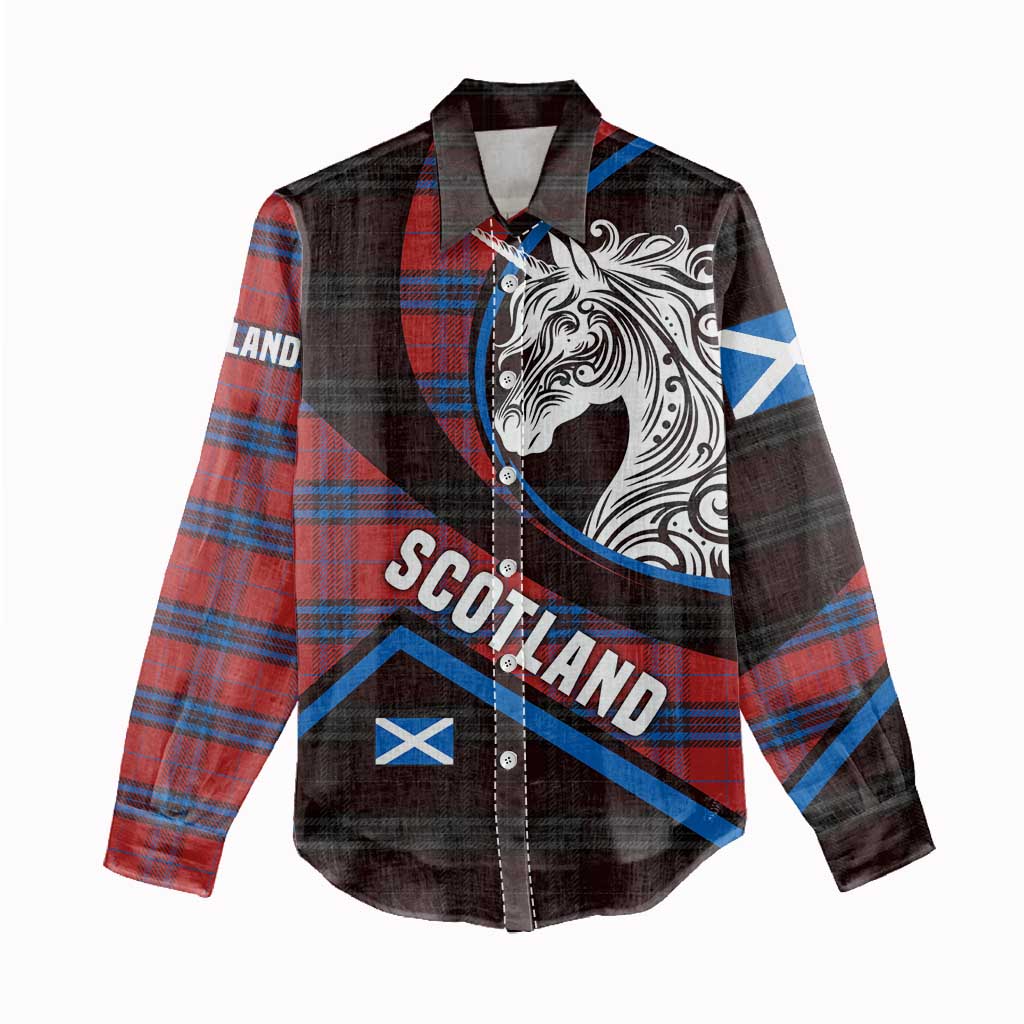 Scotland Women Casual Shirt with Red Blue Tartan Pattern with Unicorn Illustration Saltire Flag and Where Tartan Meets Myth Quote Design - Wonder Print Shop