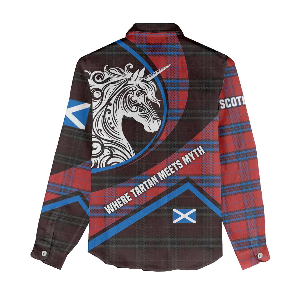 Scotland Women Casual Shirt with Red Blue Tartan Pattern with Unicorn Illustration Saltire Flag and Where Tartan Meets Myth Quote Design - Wonder Print Shop