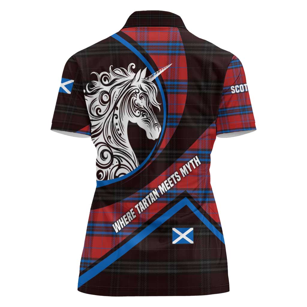 Scotland Women Polo Shirt with Red Blue Tartan Pattern with Unicorn Illustration Saltire Flag and Where Tartan Meets Myth Quote Design - Wonder Print Shop