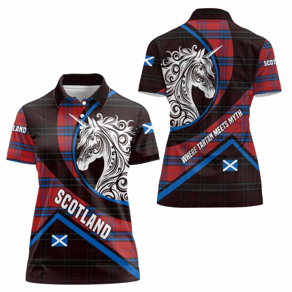 Scotland Women Polo Shirt with Red Blue Tartan Pattern with Unicorn Illustration Saltire Flag and Where Tartan Meets Myth Quote Design - Wonder Print Shop