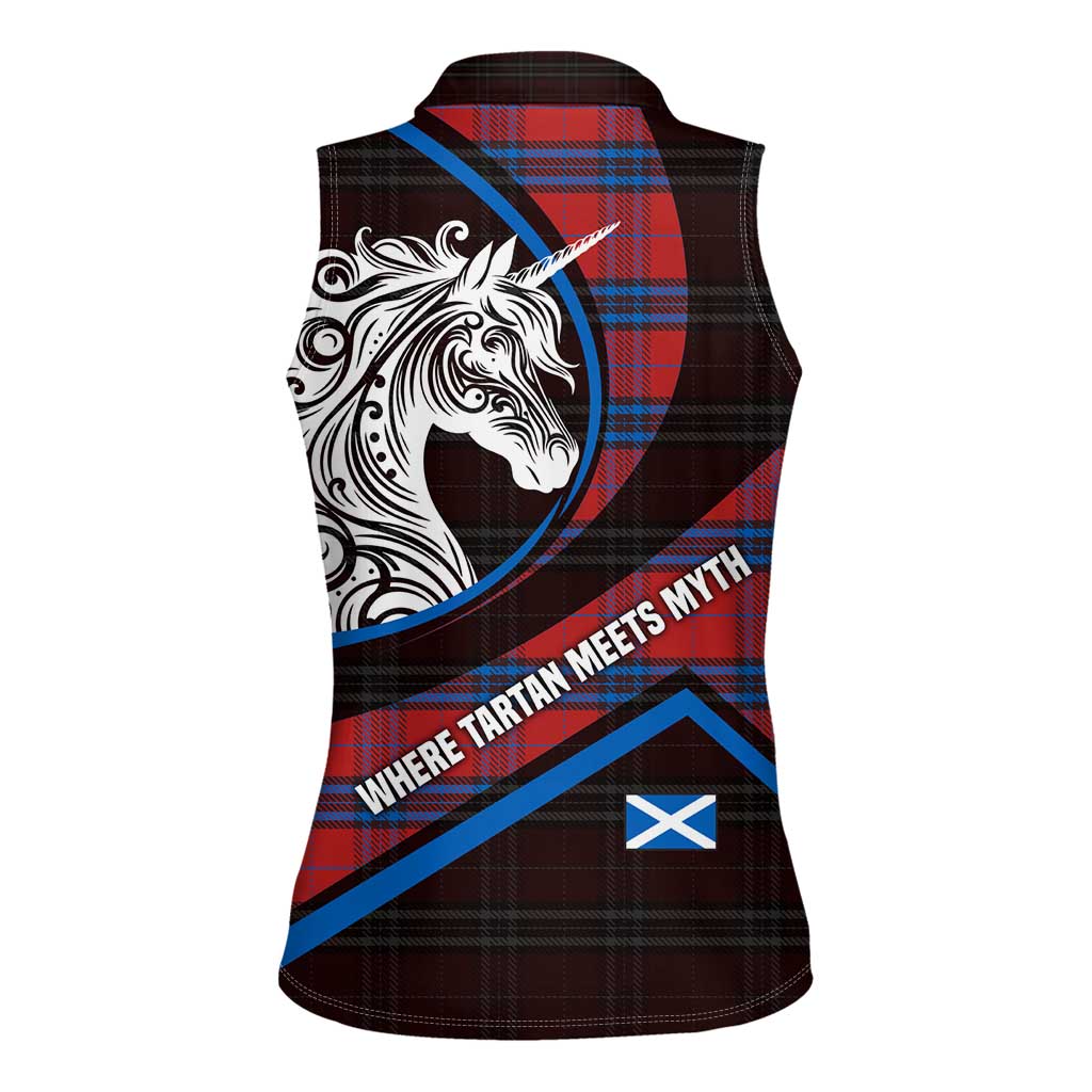 Scotland Women Sleeveless Polo Shirt with Red Blue Tartan Pattern with Unicorn Illustration Saltire Flag and Where Tartan Meets Myth Quote Design - Wonder Print Shop