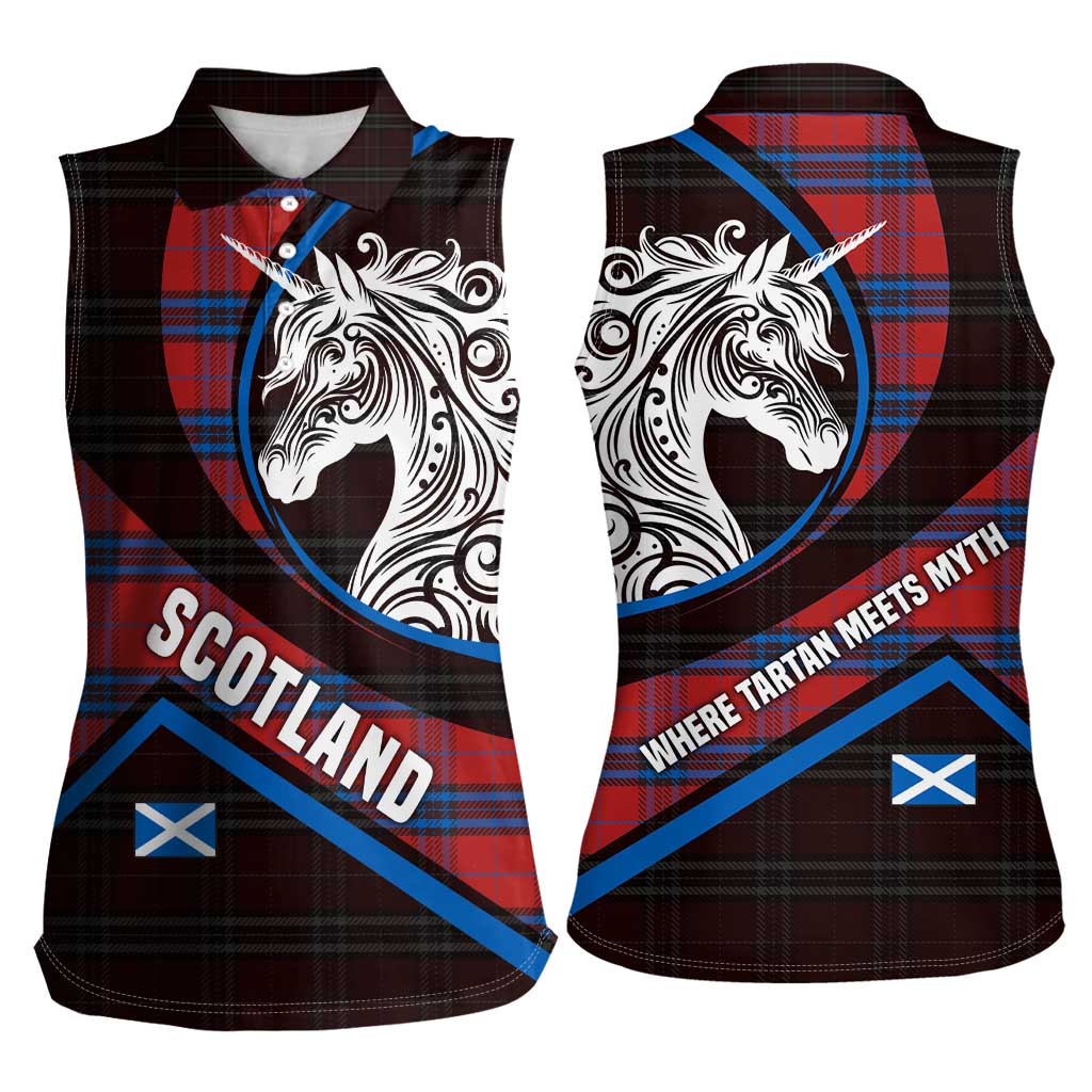 Scotland Women Sleeveless Polo Shirt with Red Blue Tartan Pattern with Unicorn Illustration Saltire Flag and Where Tartan Meets Myth Quote Design - Wonder Print Shop
