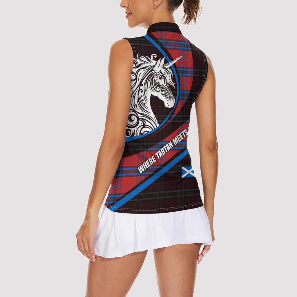 Scotland Women Sleeveless Polo Shirt with Red Blue Tartan Pattern with Unicorn Illustration Saltire Flag and Where Tartan Meets Myth Quote Design - Wonder Print Shop