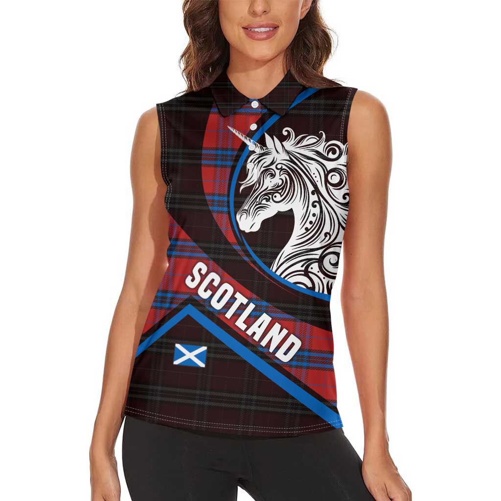 Scotland Women Sleeveless Polo Shirt with Red Blue Tartan Pattern with Unicorn Illustration Saltire Flag and Where Tartan Meets Myth Quote Design - Wonder Print Shop
