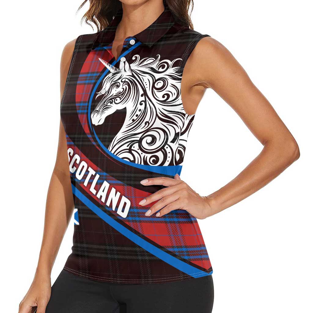 Scotland Women Sleeveless Polo Shirt with Red Blue Tartan Pattern with Unicorn Illustration Saltire Flag and Where Tartan Meets Myth Quote Design - Wonder Print Shop