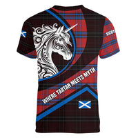 Scotland Women V-Neck T-Shirt with Red Blue Tartan Pattern with Unicorn Illustration Saltire Flag and Where Tartan Meets Myth Quote Design - Wonder Print Shop