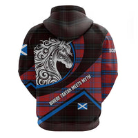 Scotland Zip Hoodie with Red Blue Tartan Pattern with Unicorn Illustration Saltire Flag and Where Tartan Meets Myth Quote Design - Wonder Print Shop