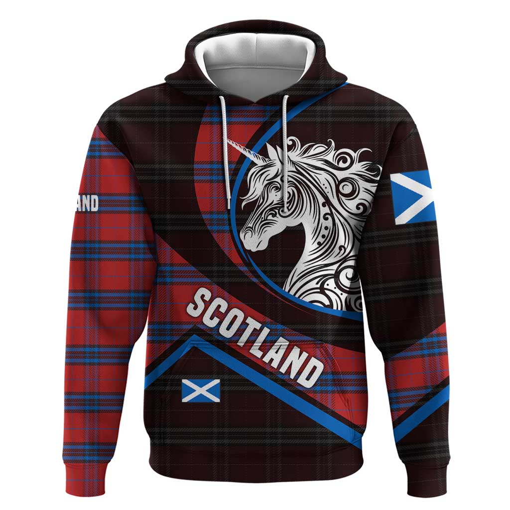 Scotland Zip Hoodie with Red Blue Tartan Pattern with Unicorn Illustration Saltire Flag and Where Tartan Meets Myth Quote Design - Wonder Print Shop