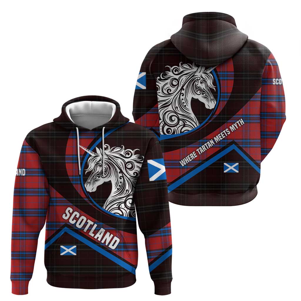 Scotland Zip Hoodie with Red Blue Tartan Pattern with Unicorn Illustration Saltire Flag and Where Tartan Meets Myth Quote Design - Wonder Print Shop