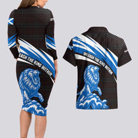 Scotland Lion Couples Matching Long Sleeve Bodycon Dress and Hawaiian Shirt with Blue and White Saltire and Tartan Pattern - Wonder Print Shop