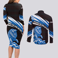 Scotland Lion Couples Matching Long Sleeve Bodycon Dress and Long Sleeve Button Shirt with Blue and White Saltire and Tartan Pattern - Wonder Print Shop