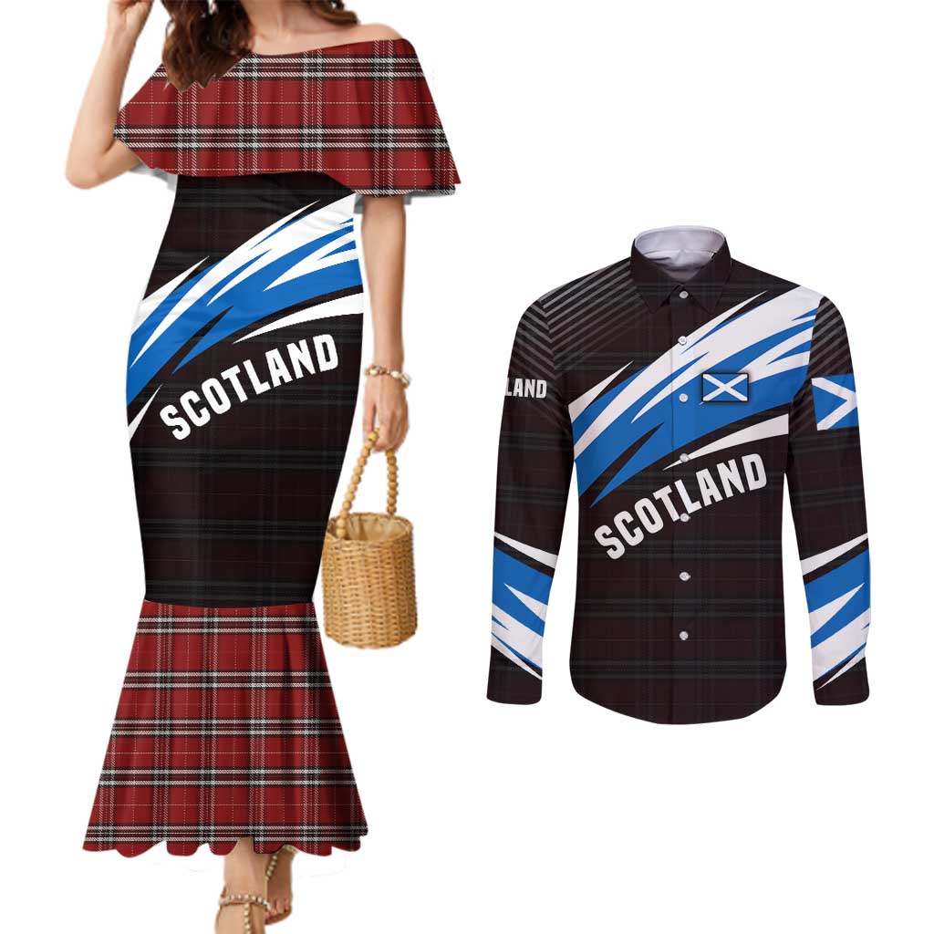 Scotland Lion Couples Matching Mermaid Dress and Long Sleeve Button Shirt with Blue and White Saltire and Tartan Pattern - Wonder Print Shop
