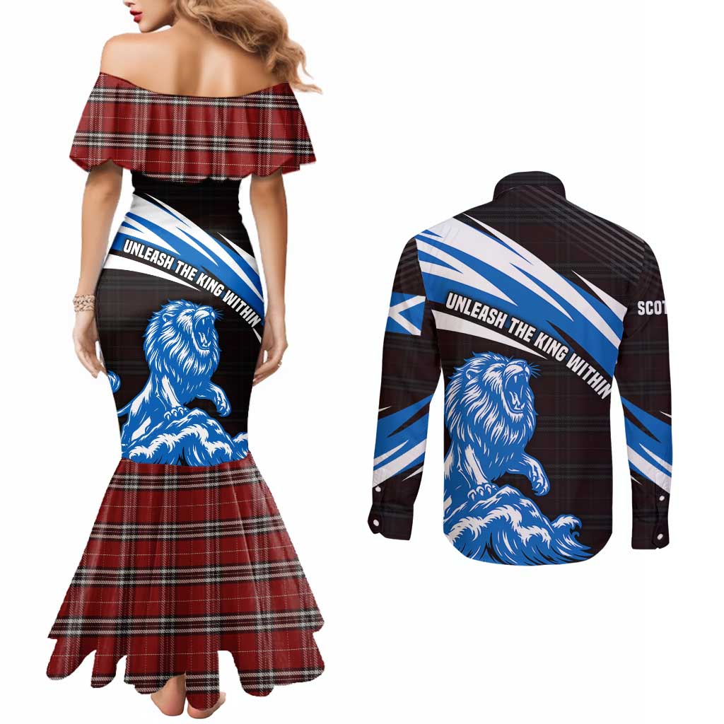 Scotland Lion Couples Matching Mermaid Dress and Long Sleeve Button Shirt with Blue and White Saltire and Tartan Pattern - Wonder Print Shop
