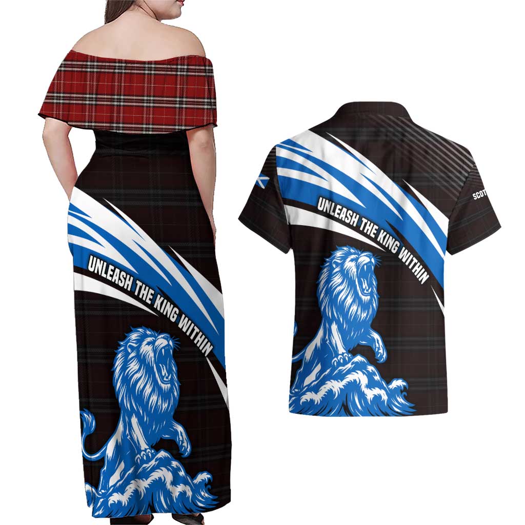 Scotland Lion Couples Matching Off Shoulder Maxi Dress and Hawaiian Shirt with Blue and White Saltire and Tartan Pattern - Wonder Print Shop