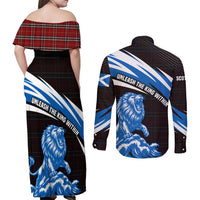 Scotland Lion Couples Matching Off Shoulder Maxi Dress and Long Sleeve Button Shirt with Blue and White Saltire and Tartan Pattern - Wonder Print Shop