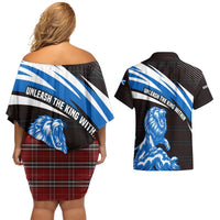 Scotland Lion Couples Matching Off Shoulder Short Dress and Hawaiian Shirt with Blue and White Saltire and Tartan Pattern - Wonder Print Shop
