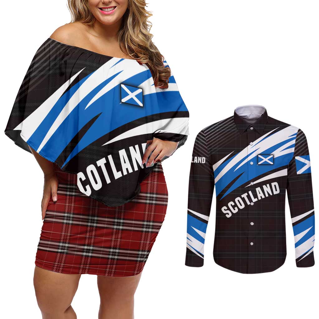 Scotland Lion Couples Matching Off Shoulder Short Dress and Long Sleeve Button Shirt with Blue and White Saltire and Tartan Pattern - Wonder Print Shop