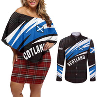 Scotland Lion Couples Matching Off Shoulder Short Dress and Long Sleeve Button Shirt with Blue and White Saltire and Tartan Pattern - Wonder Print Shop