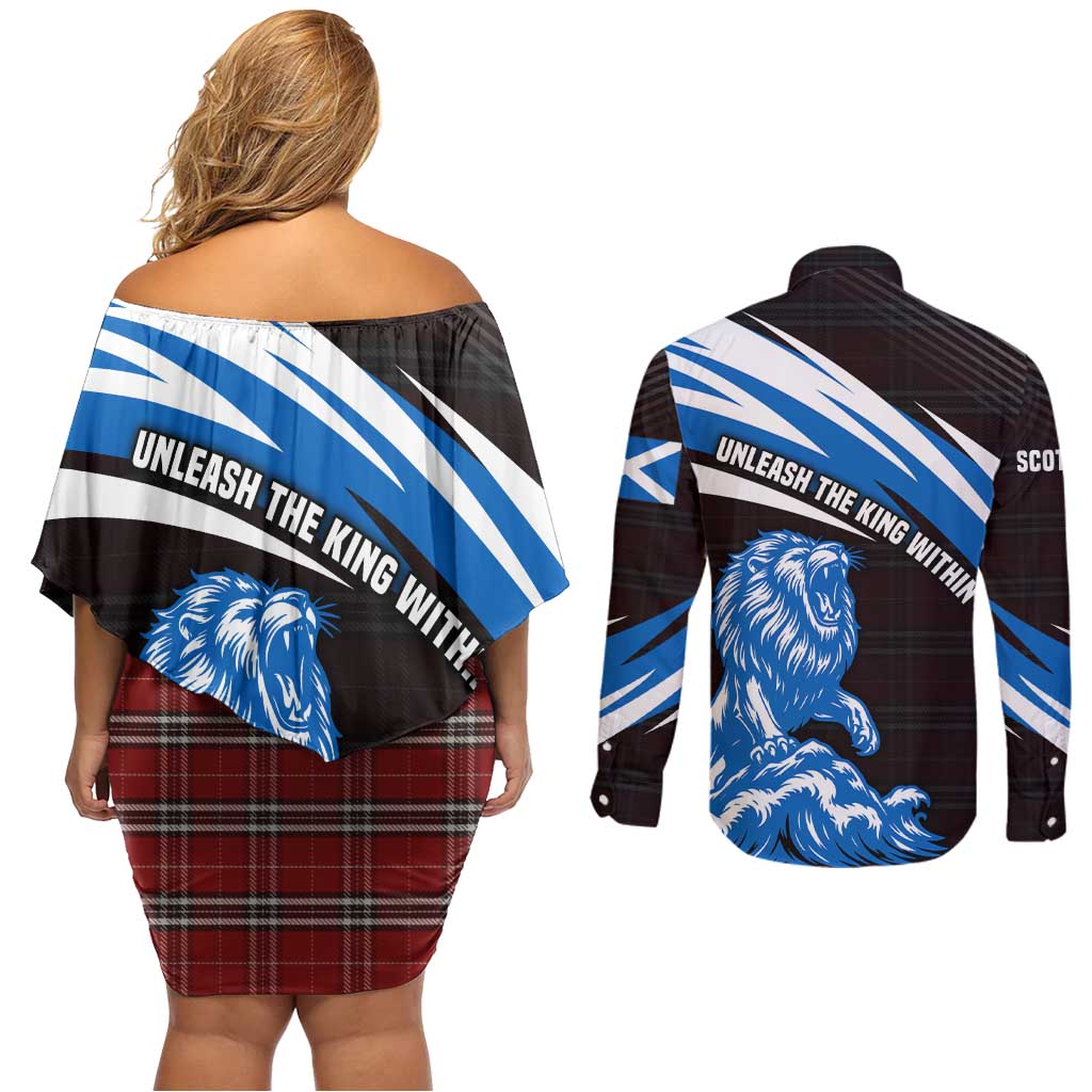 Scotland Lion Couples Matching Off Shoulder Short Dress and Long Sleeve Button Shirt with Blue and White Saltire and Tartan Pattern - Wonder Print Shop