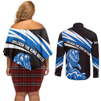 Scotland Lion Couples Matching Off Shoulder Short Dress and Long Sleeve Button Shirt with Blue and White Saltire and Tartan Pattern - Wonder Print Shop