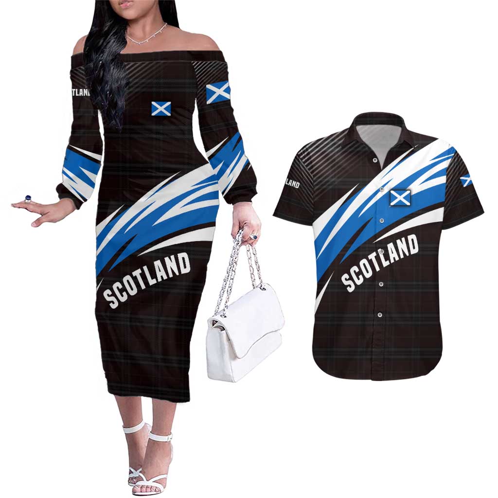 Scotland Lion Couples Matching Off The Shoulder Long Sleeve Dress and Hawaiian Shirt with Blue and White Saltire and Tartan Pattern - Wonder Print Shop