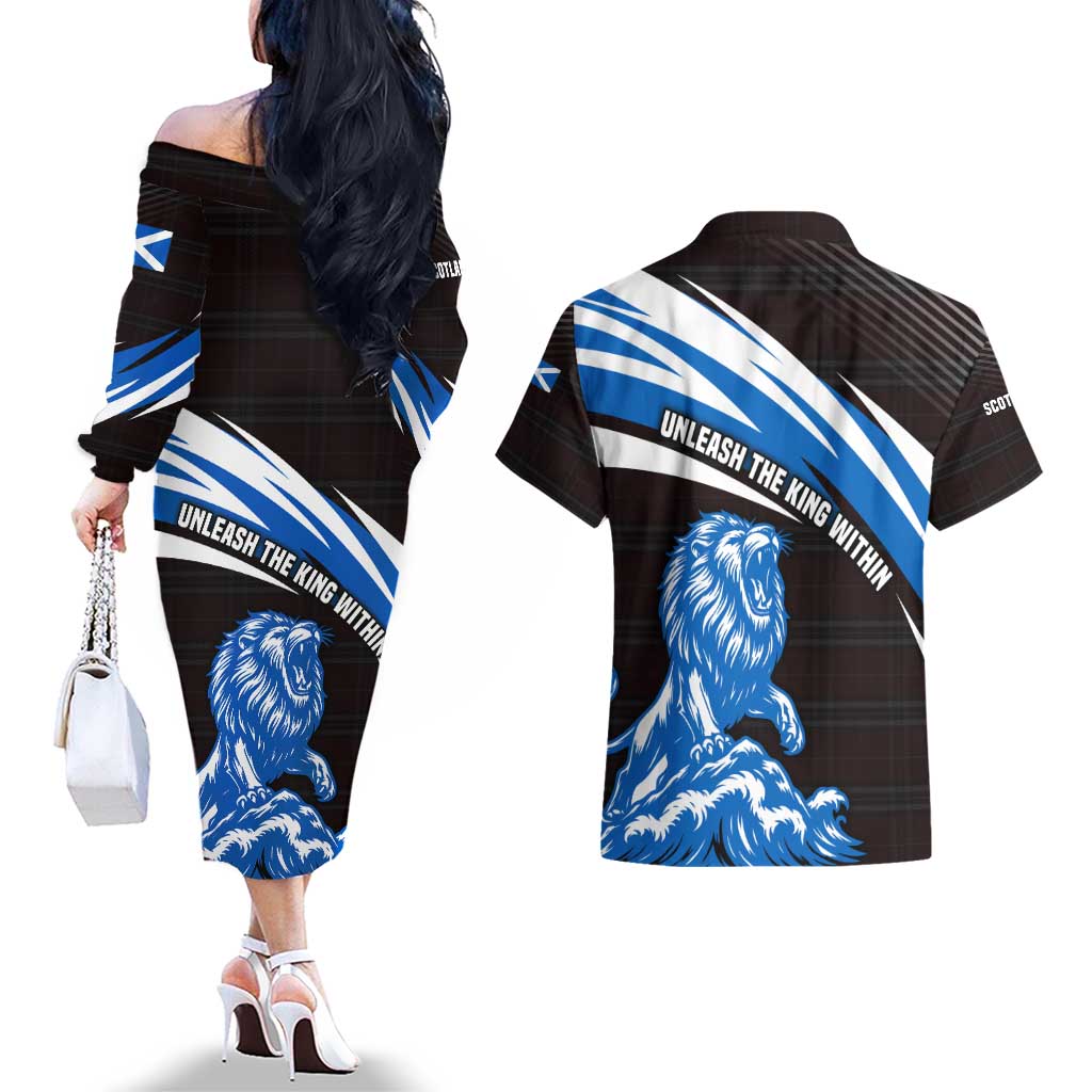 Scotland Lion Couples Matching Off The Shoulder Long Sleeve Dress and Hawaiian Shirt with Blue and White Saltire and Tartan Pattern - Wonder Print Shop