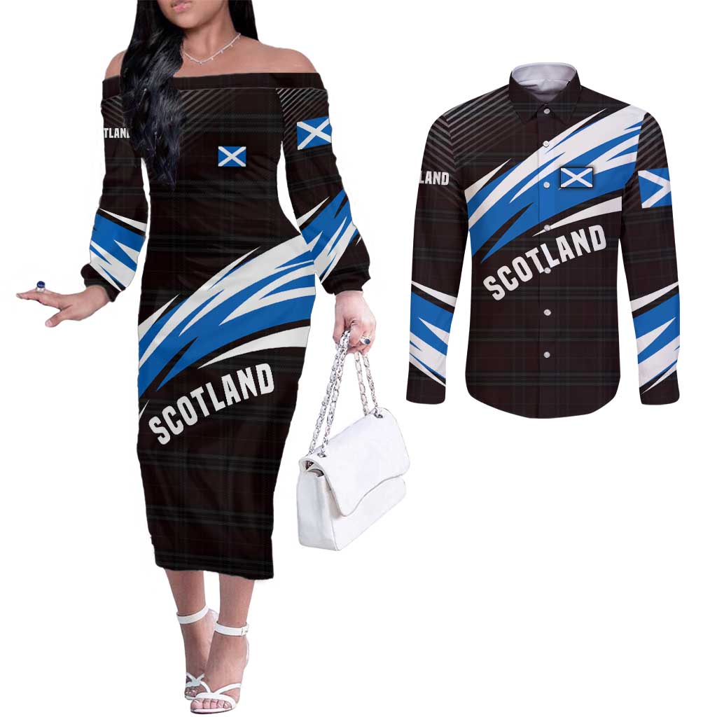 Scotland Lion Couples Matching Off The Shoulder Long Sleeve Dress and Long Sleeve Button Shirt with Blue and White Saltire and Tartan Pattern - Wonder Print Shop