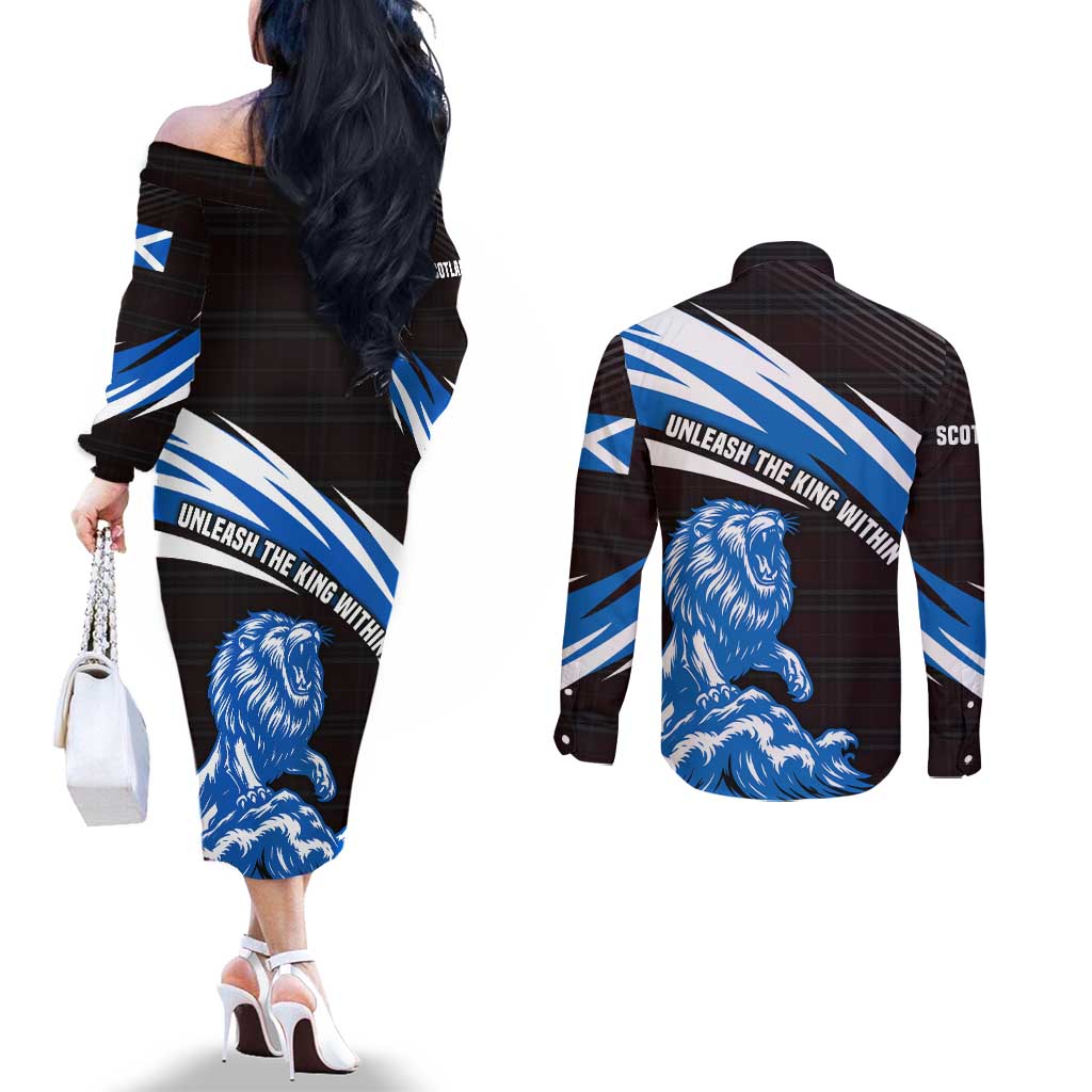 Scotland Lion Couples Matching Off The Shoulder Long Sleeve Dress and Long Sleeve Button Shirt with Blue and White Saltire and Tartan Pattern - Wonder Print Shop