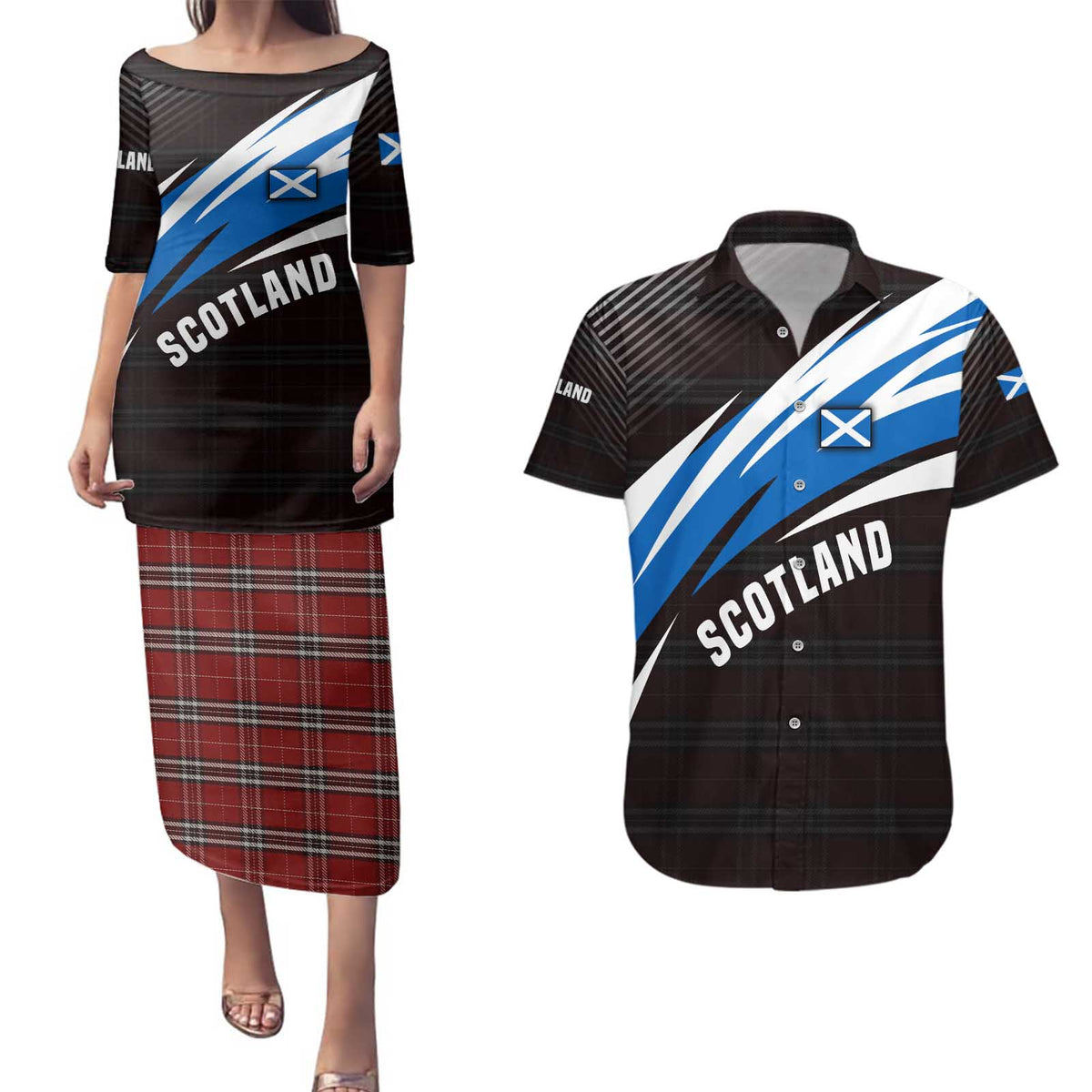 Scotland Lion Couples Matching Puletasi and Hawaiian Shirt with Blue and White Saltire and Tartan Pattern - Wonder Print Shop