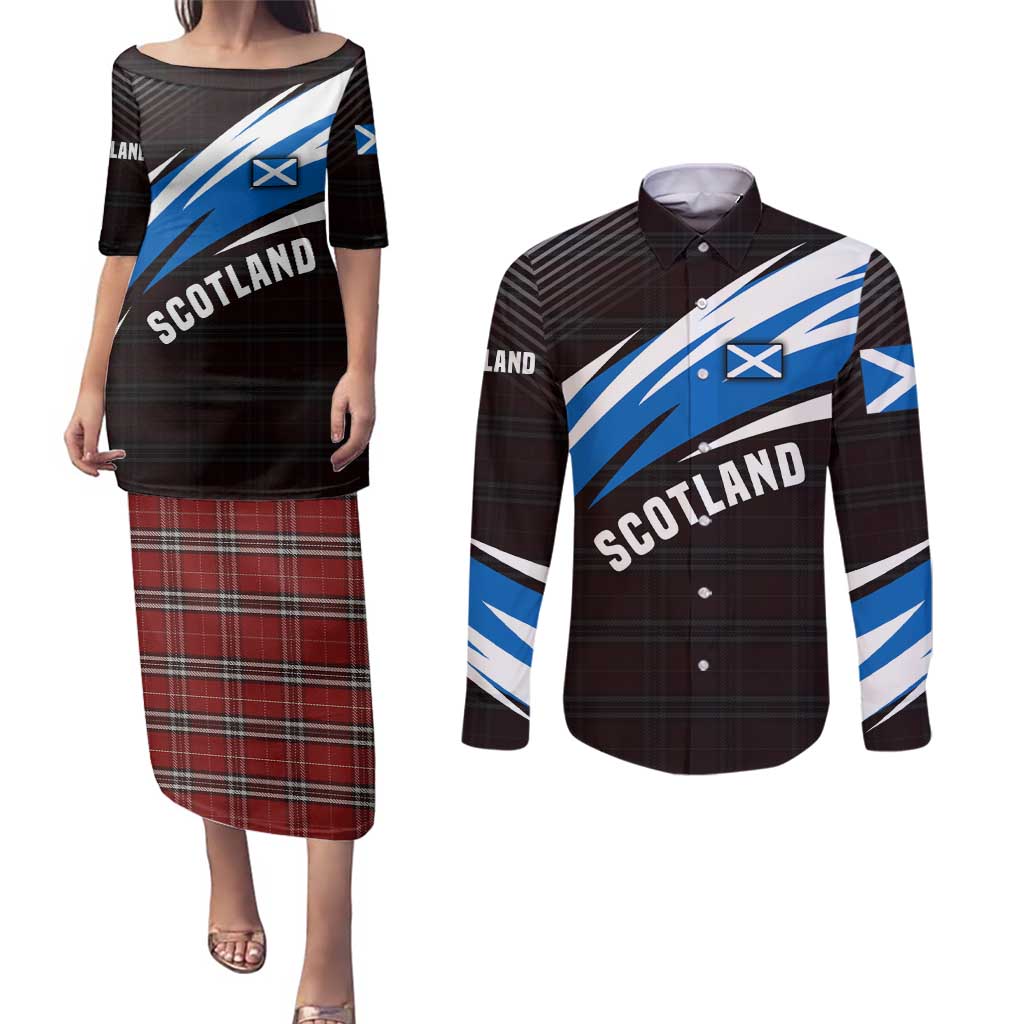 Scotland Lion Couples Matching Puletasi and Long Sleeve Button Shirt with Blue and White Saltire and Tartan Pattern - Wonder Print Shop