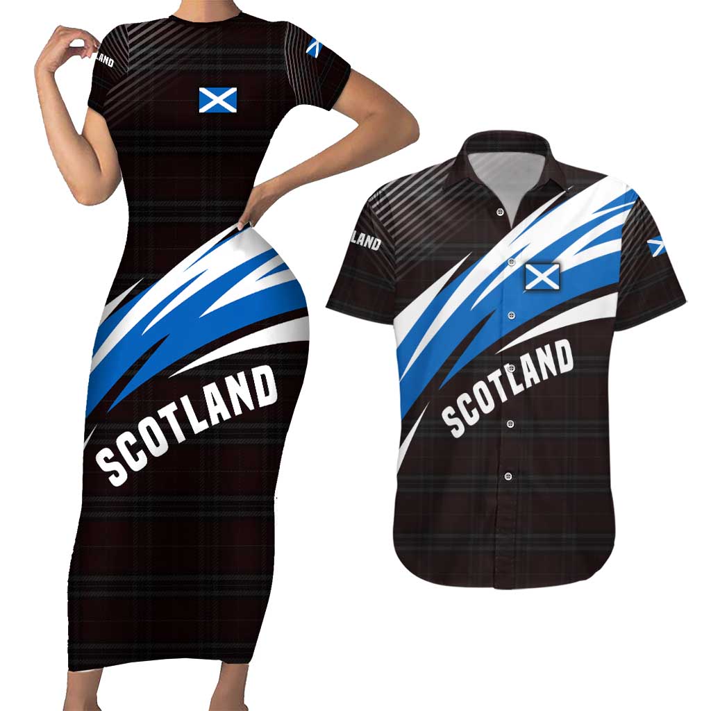 Scotland Lion Couples Matching Short Sleeve Bodycon Dress and Hawaiian Shirt with Blue and White Saltire and Tartan Pattern - Wonder Print Shop