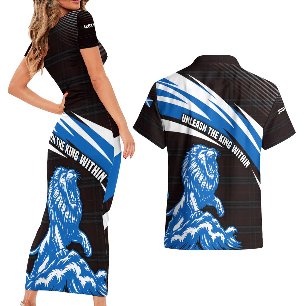 Scotland Lion Couples Matching Short Sleeve Bodycon Dress and Hawaiian Shirt with Blue and White Saltire and Tartan Pattern - Wonder Print Shop