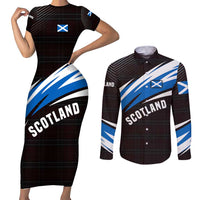 Scotland Lion Couples Matching Short Sleeve Bodycon Dress and Long Sleeve Button Shirt with Blue and White Saltire and Tartan Pattern - Wonder Print Shop
